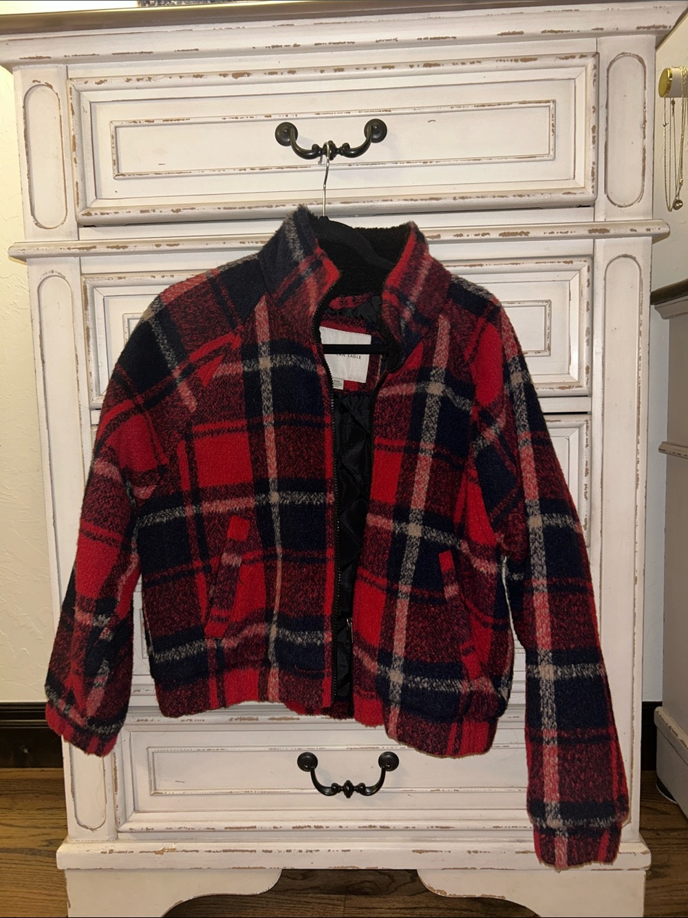 American Eagle Outfitters Red and Black Plaid Teddy Jacket